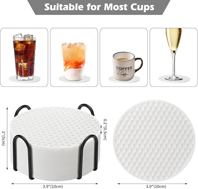 TWTLi Silicone Coasters Set of 8 with Holder — Non-Slip Drink Coasters for Coffee Table, Home Bar & Kitchen, Protects Wood & Marble Surfaces from Water Rings, Dishwasher Safe (White)