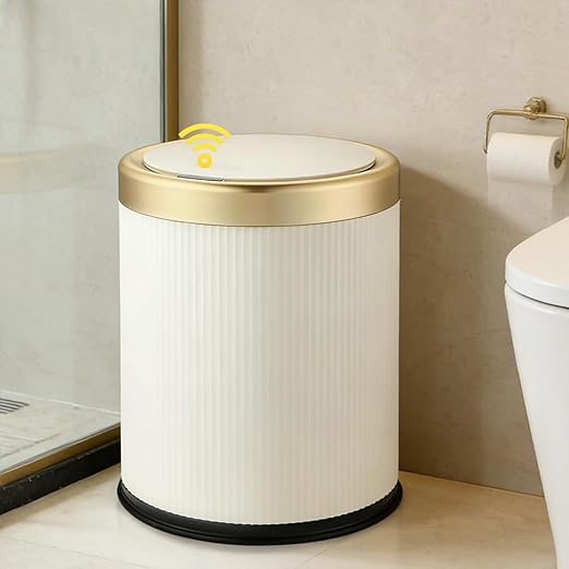 URALFA Bathroom Trash Can with Lid, Automatic Motion Sensor Trash Can | 2.8 Gal Bathroom Garbage Can Touchless, Smart Waterproof Trash Bin for Bedroom, Office, Restroom, Cream White and Gold