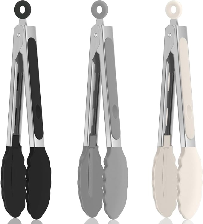 Small Cooking Tongs 7 inch Mini Serving Tongs with Silicone Tips, Set of 3 (Black + Grey + White)