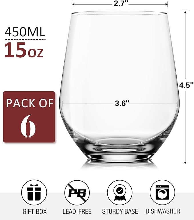 OJA Wine Glasses Set, Crystal Stemless Red Wine Glass, Set of 6, 15 oz | No Stem, Clear, Sturdy Drinking Glass for White Wine, Daily Use, Birthday, Wedding, Home Party, Anniversary, Shower Gift