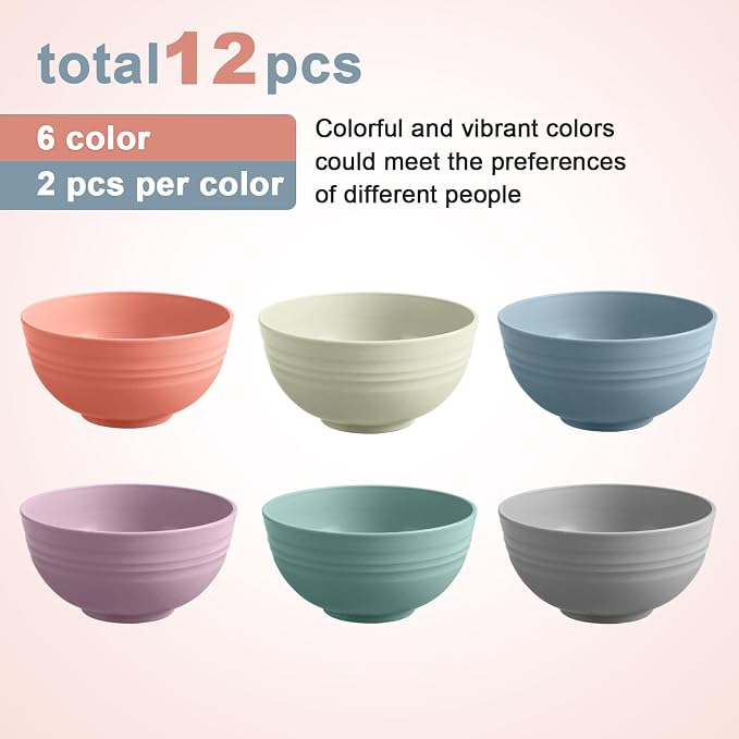 HEYCOME 12 Pcs Unbreakable Cereal Bowls Set, 26 Oz Wheat Straw Bowls Set, Microwave & Dishwasher Safe Bowls for Kitchen, Reusable Plastic Bowls for Soup, Salad and Snack, BPA Free, Multicolor