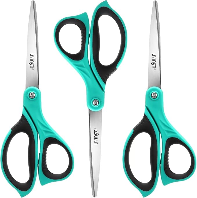LIVINGO All Purpose Scissors 8.5" Office Craft Shears 3 Pack | Sharp Stainless Steel Blade, Comfortable Grip, School Home Use, Paper Fabric Sewing Projects