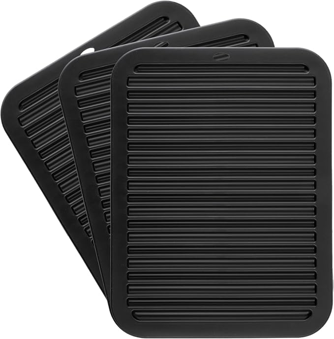 TOPULORS 3 PCS Silicone Trivets for Hot Pots and Pans 9"x12" Heat Resistant Mat Hot Pads for Kitchen Quartz Countertops - Dish Drying Mat Non-Slip Potholders Pot Holders Trivets for Hot Dishes - Black