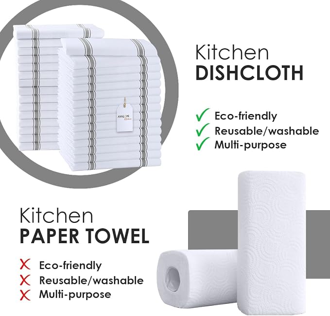 Dish Towels 30 Pack Grey Stripe 100% Cotton Kitchen Towel 15x25 Inch Tea Towels, Dish Cloths for Washing Dishes, Kitchen Rags for Drying Dishes