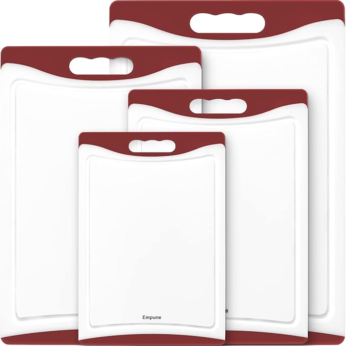 Empune BPA-Free Plastic Cutting Board for Kitchen with Juice Grooves, Extra Large Dishwasher Safe Cutting Boards Set of 4 with Handles, Thick Non-Slip Chopping Board for Meat, Fruit and Chicken, Red