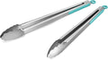 304 Stainless Steel Kitchen Cooking Tongs, 14 & 16", Set of 2, Aqua Sky | Locking Food Tongs with Non-slip Grips and Hanging Loops for Cooking, Grilling, BBQ and Serving, Dishwasher Safe