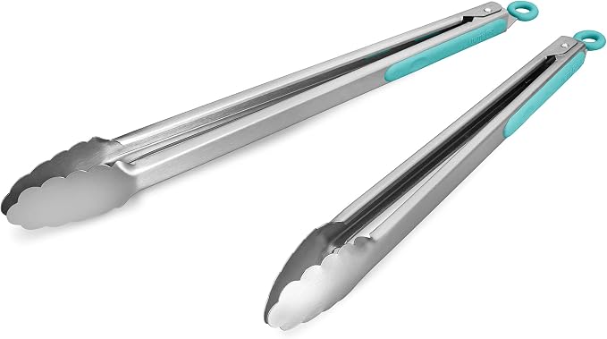 304 Stainless Steel Kitchen Cooking Tongs, 14 & 16", Set of 2, Aqua Sky | Locking Food Tongs with Non-slip Grips and Hanging Loops for Cooking, Grilling, BBQ and Serving, Dishwasher Safe