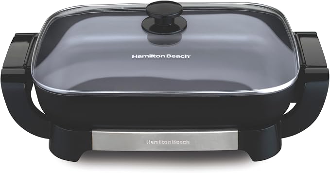 Hamilton Beach Large Electric Skillet With Lid | PFAS-Free Durathon Ceramic 12" x 15” Removable Pan | Adjustable Temperature | Reversible Design | Black Non-Stick Surface