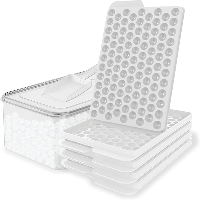 Mini Ice Cube Trays for Freezer with Lid, 0.55" Pebble Ice | 4 Trays-White, with Ice Box & Scoop. for Coffee, Bottle, Juice & Drinks, Easy Twist Release, Stackable