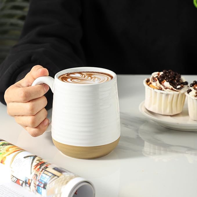 HASENSE Porcelain Coffee Mugs Set of 6, 15 Ounce Large Ceramic Coffee Cups Set with Handle for Latte, Tea, Cocoa and Hot Chocolate, White Coffee Mugs for Men and Women, Microwave Safe