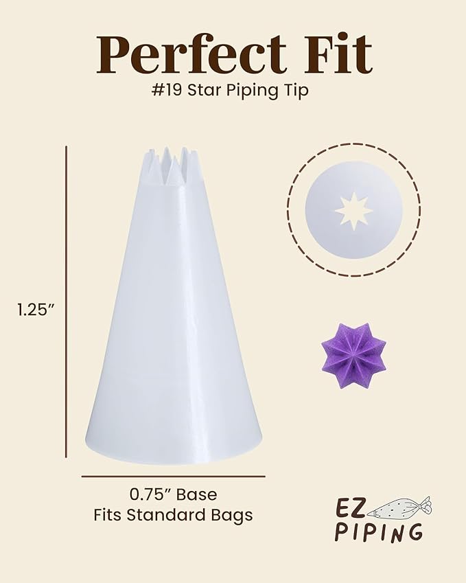 Reusable Plastic Piping Tips, Nozzles Standard Size Star Tip #19 (20pcs) | EZPiping Icing Nozzles with 2 couplers for Cake Decoration and Dessert Design, Baking Supplies Base Ø 0.75" Height 1.25"