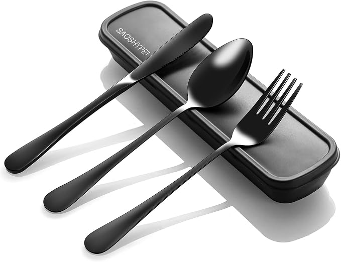 SAOSHYPEI Travel Utensils with Case, 4-Piece Stainless Steel Set, Black | Reusable fork, spoon and knife set for work lunch, lunch bags, camping and travel; portable case, dishwasher safe.