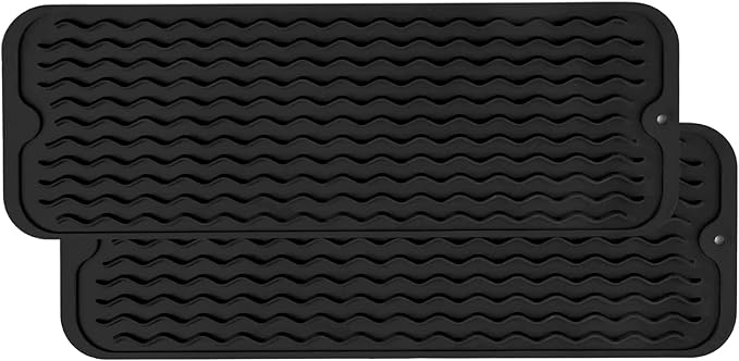ZLR Small Dish Drying Mat for Kitchen Counter, 6"x17", 2-Pack, Black | Narrow Silicone Drainer for Apartment, Dorm & RV, Wavy Ridges Quick-Dry, Non-Slip, Rolls Up, Dishwasher Safe