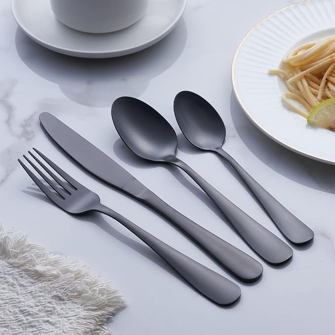 GoGeiLi Matte Black Silverware Set, 24-Piece Stainless Steel Satin Finish Flatware Cutlery Set, Service for 6, Dishwasher Safe