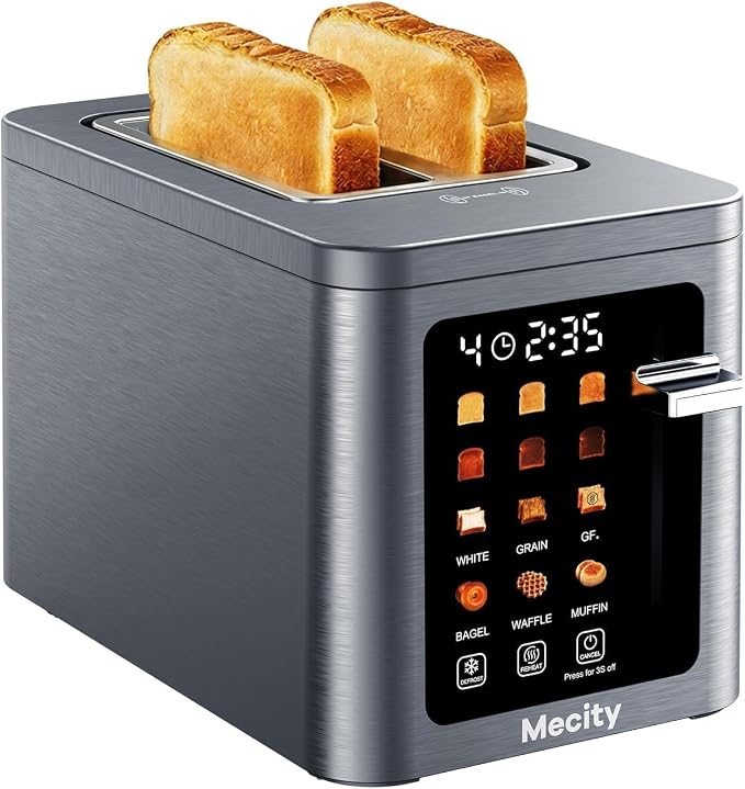 Mecity 2 Slice Toaster Smart Touchscreen, Stainless Steel Wide Slot Toasters Defrost, Reheat, Memory Function, Auto Shutoff, Digital Electric Bread Toaster for Bagel Muffin Waffle, 120V