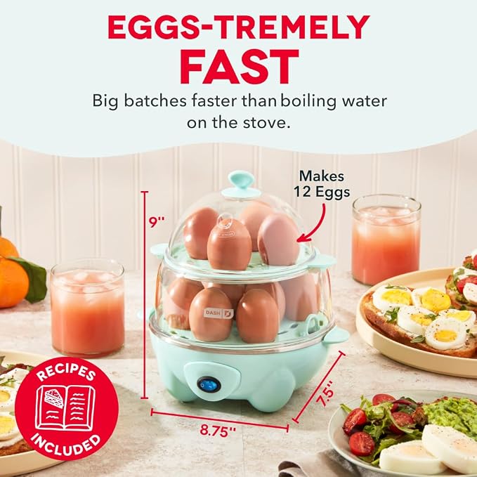 Dash Deluxe Egg Cooker, 12 Hard Boiled Eggs, Aqua | Electric Double Decker Egg Poacher, Steamer & Omelette Maker Machine, Soft or Poached Eggs, Auto Shut-Off, BPA-Free