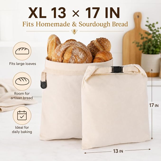 Beeswax Bread Bags Linen 2-Pack for Sourdough (13x17in): Longer Fresh | Stays Fresh Days Longer Reusable Linen with Natural Beeswax Coating Moisture Lock Eco-Friendly Daily Baking Travel & Gift