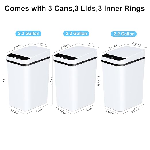 Anborry Bathroom Automatic Trash Can 3 Pack 2.2 Gallon Motion Sensor Touchless Small Slim Garbage Can with Lid Smart Electric Narrow Garbage Bin for Bedroom Living Room Office Kitchen (White)