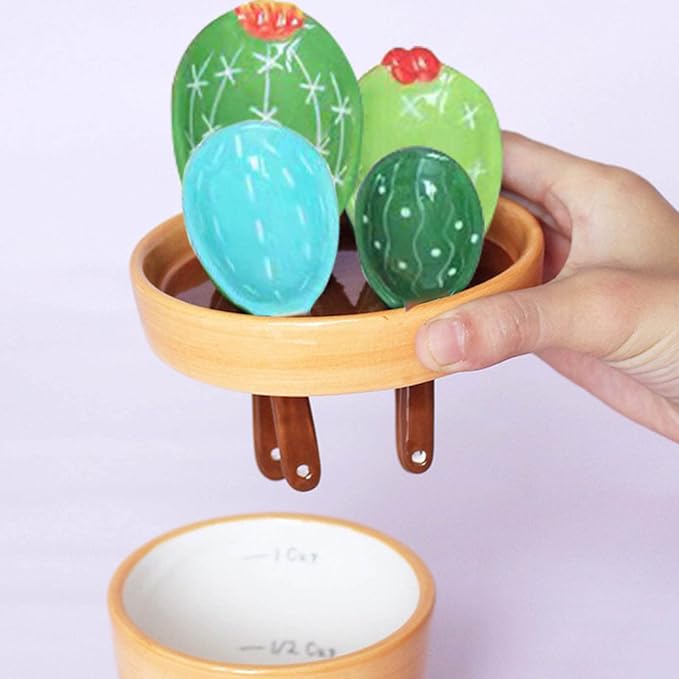 Cactus Measuring Spoons Set in Pot Ceramic House Warming Gifts New Home