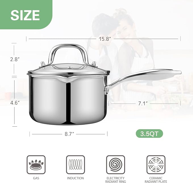 3.5 Quart Stainless Steel Pot Saucepan with Glass Strainer Lid, Sauce Pot with Two Side Spouts, Induction Cooking Pot, Multipurpose Sauce Pan with Lid for Cooking(Tri-Ply Full Body)