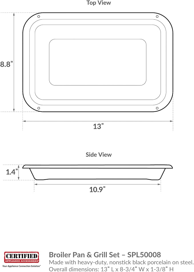 Certified Appliance Accessories Small 2-Piece Broiler Pan & Grill Set Porcelain-on-Steel 13"x8-3/4"x1-3/8" Broiler Pan for Oven, Black Whirlpool 4396923, Maytag, Kitchen-Aid replacement