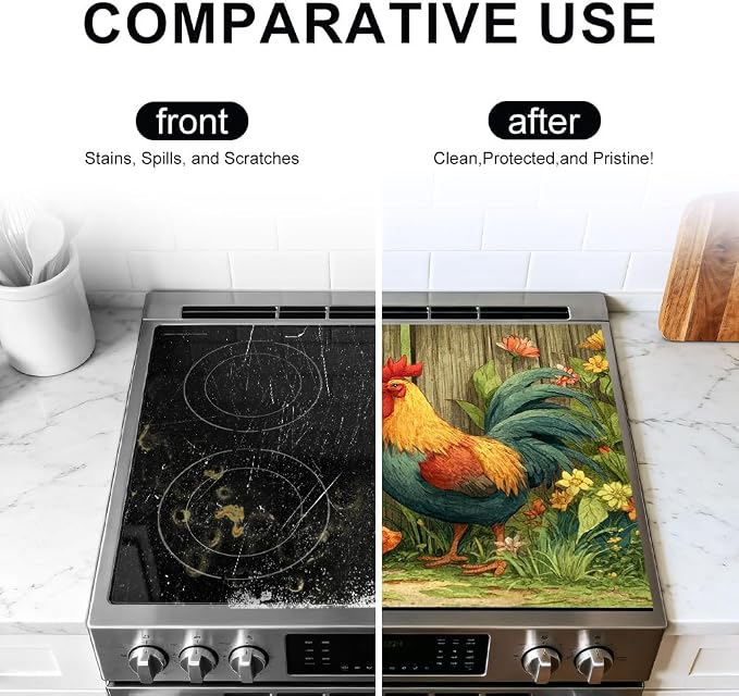 Farmhouse Rooster Stove Top Cover 28.35x20.47 in Non Slip | Heat Resistant Cooktop Protector Mat with Non-Slip Backing, Scratch Protection and Countertop Drying Mat.