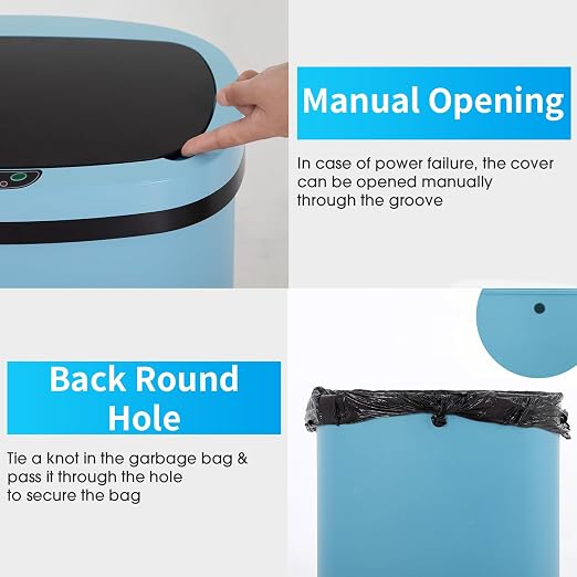 BestOffice | 13 Gallon Plastic Trash Can with Lid | Blue | Automatic Touchless Garbage Can | Odor Control | Modern Oval Design | Easy to Clean | For Kitchen, Bathroom, Office or Home