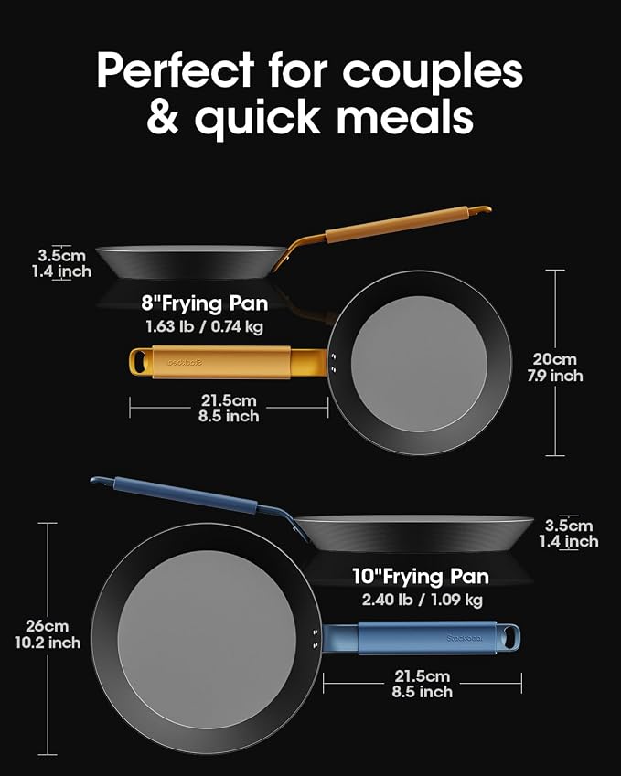 Carbon Steel Frying Pan Set, 8 & 10 Inch Nitrided Skillets | 2 Versatile Sizes for Everyday Meals; Natural Patina Builds Over Time without Chemical Coatings