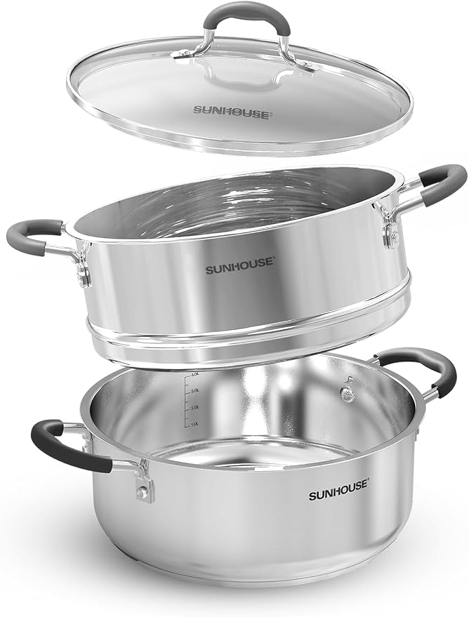SUNHOUSE 5 QT Stainless Steel Steamer Pot for Cooking with Glass Lid | 2-Tier Food Steaming Basket Insert Vaporera - Stovetop Steamer for Vegetables - Tri-Ply Induction Base, Stay-Cool Handles