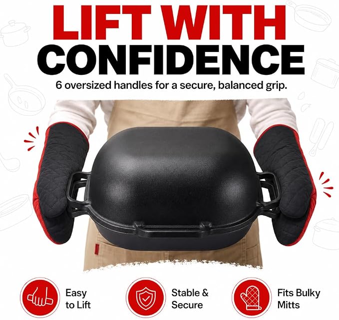 Crucible Cookware Extra Large Cast Iron Artisan Bread Pan 6 Loop Handles Deep Lid for Steam Baking - Sourdough Bread Oven, Covered Loaf Baker