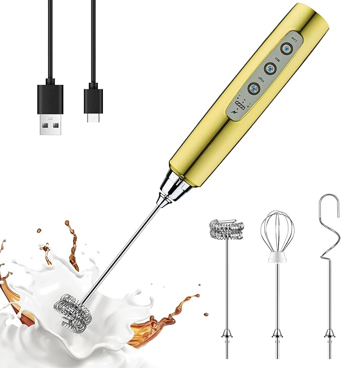 YUSWKO Handheld Milk Frother Wand for Coffee, Rechargeable Electric Whisk with 3 Heads 3 Speeds Drink Mixer Coffee Frother For Latte, Cappuccino, Hot Chocolate, Egg, Champagne Gold