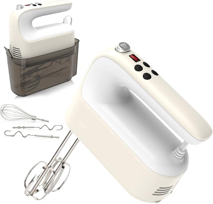 Yomelo 9-Speed Digital Hand Mixer Electric, 400W Powerful DC Motor, Hand Mixer Electric Handheld with Snap-On Storage Case, 5 Stainless Steel Accessories, Beaters, Dough Hooks, Whisk(Cream White)
