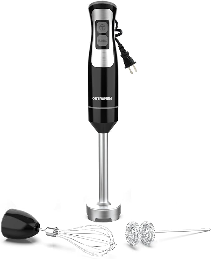 Immersion Blender Handheld, OUTRONSM Hand Blender with 4-point thickened SS blades, Milk Frother, Egg Whisk for Coffee Milk Foam, Puree Baby Food, Smoothies, Sauces and Soups – Black | 8-speed stick blender, Pure Copper Winding Motor, 5.2 feet power co...