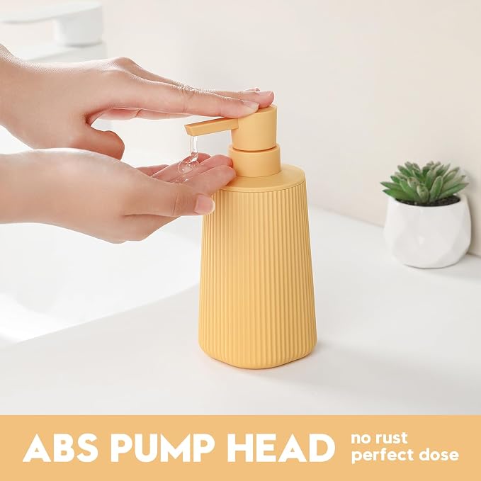 YAUKPH Small Soap Dispenser for Bathroom and Kitchen Matte Yellow | Modern Farmhouse Striped Style Plastic Hand Soap Dish Soap Dispenser with Pump