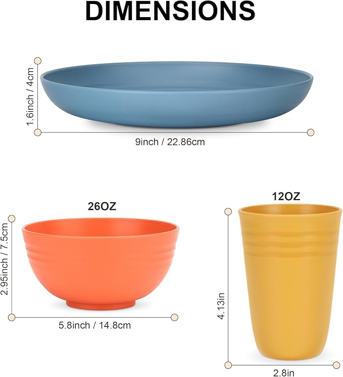 HOTEC 24-Pack Unbreakable Kitchen Plastic Wheat Straw Dinnerware Set – BPA-Free Plates, Bowls & Cups | Lightweight, Microwave & Dishwasher Safe | Multicolor Reusable Tableware for Home & Outdoor Use