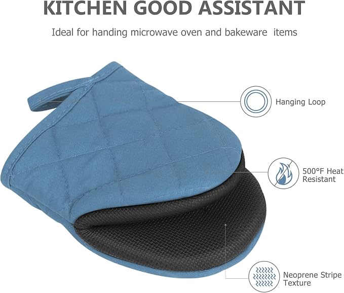 1 Pair Short Oven Mitts - Silicone Kitchen Oven Gloves High Heat Resistant 500℉, Mini Oven Mits with Non-Slip Grip Surfaces and Hanging Loop for BBQ, Baking, Cooking and Grilling (Bule)