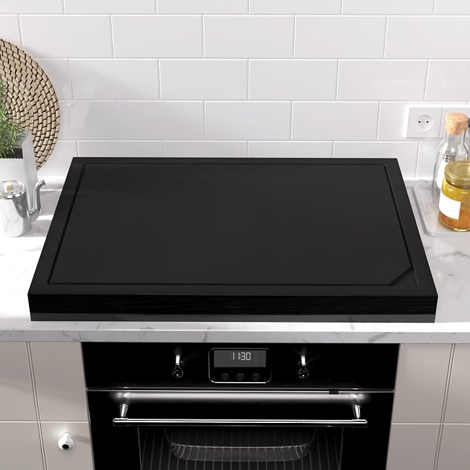 Wooden Stove Top Covers for Gas Burner and Electric Stove, Glass Cooktop Protector, Wood Noodle Board Stovetop Cover With Handles, Black