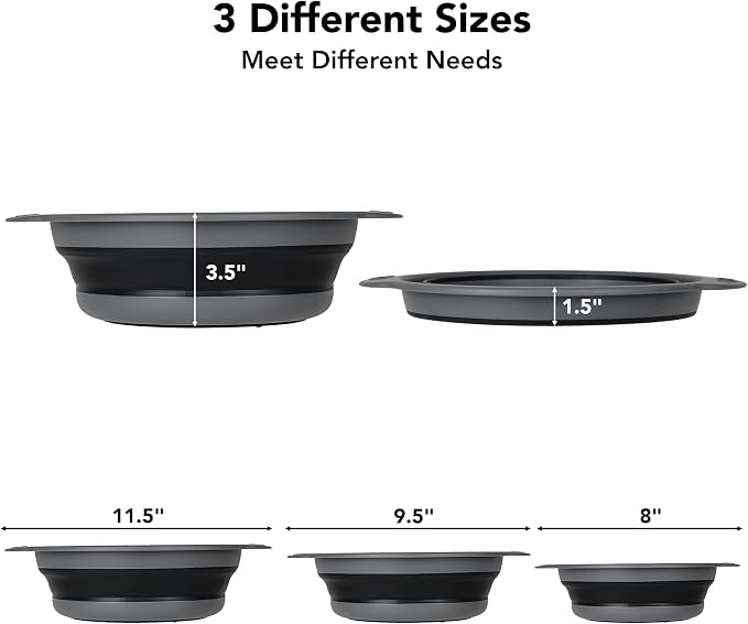 Collapsible Colander Set of 3, Silicone Food Foldable Strainer for Cooking Pasta, Vegetables and Fruit (3QT, 4QT and 5QT), Black