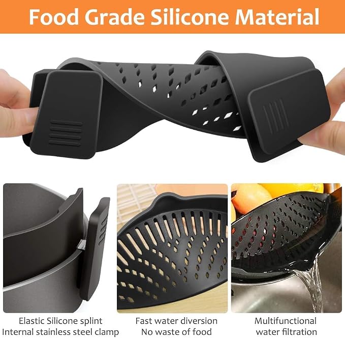 YEVIOR Clip on Strainer for Pots Pan Pasta,Silicone Food Pan Strainer | 2 Pack Food-grade BPA-free,Kitchen Food Strainer for Spaghetti, Pasta,Vegetable Fruits Fits All Bowls and Pots