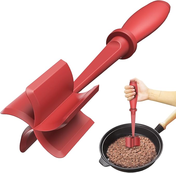 Upgrade Meat Chopper, Heat Resistant Meat Masher for Hamburger Meat, Ground Beef Smasher, Nylon Hamburger Chopper Utensil, Ground Non Stick Mix Chopper, Mix and Chop, Potato Masher Tool（Red） | Premium Heat Resistant Meat Masher, Nylon Potato Mashers Be...