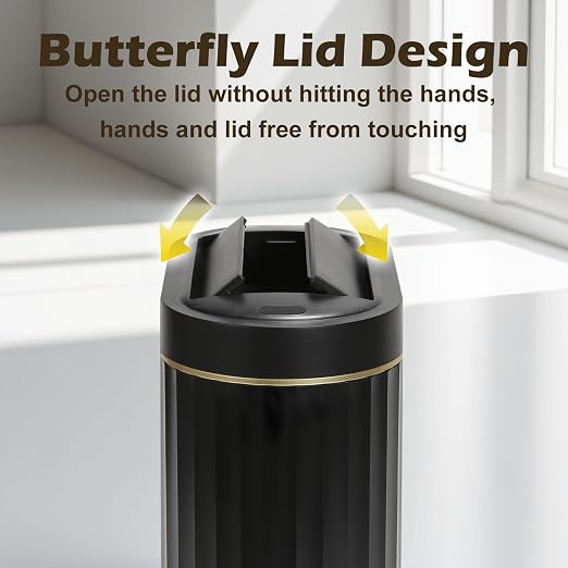 SYNCVIBE Bathroom Sensor Trash Can, 2 Gallon, Butterfly Lid, Black Gold | Automatic Garbage Can, IPX5 Waterproof Slim Trash Bin, Under-Counter Wastebasket for Kitchen, Living Room and Bathroom