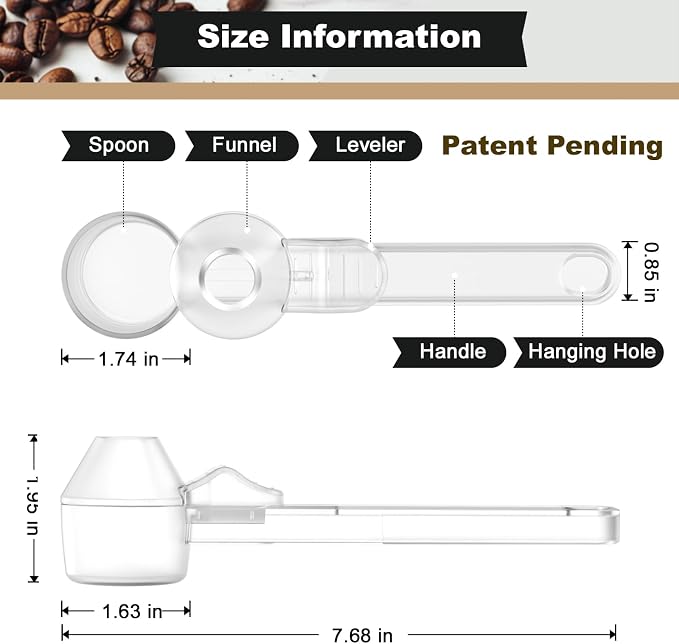 Coffee Scoop & Funnel for Reusable K Cup Refillable Coffee Pods, Coffee Measuring Spoon 2 Tablespoon Capacity, Scoop with Funnel for Ground Coffee, Protein Powder, Tea (Clear, 2 Pack)