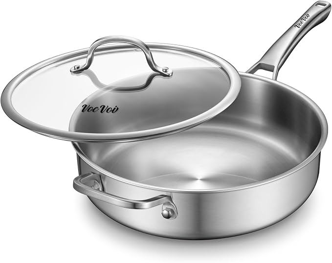 VocVoi Stainless Steel Pan with Lid, 6 QT Stainless Steel Saute Pan, 12 Inch Frying Pan, PFOA & PTFE Free, Tri-Ply Skillet, Stainless Steel Pot, Dishwasher & Oven Safe, Works on All Cooktops