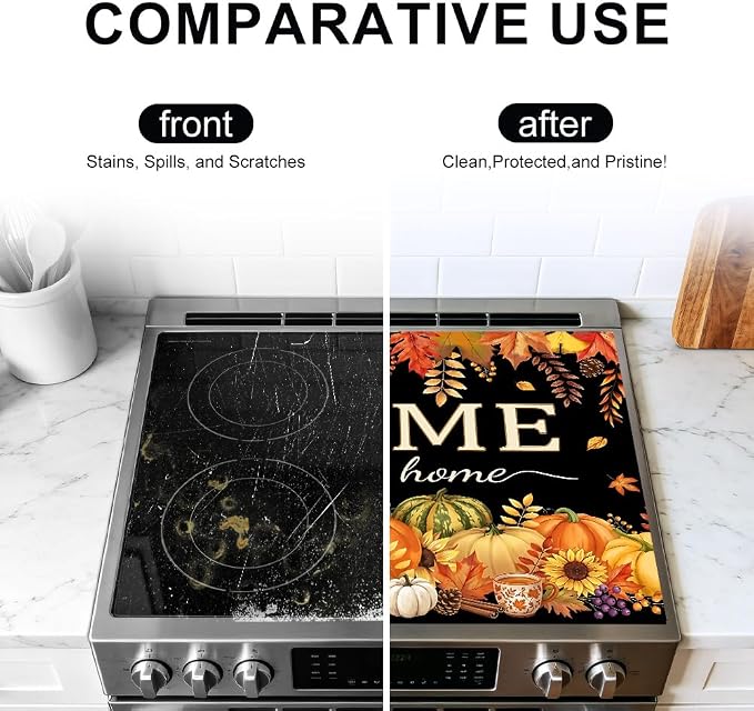 Fall Pumpkin Stove Top Cover for Electric Stove, 28x20 In Mat | Heat-resistant non-slip mat holds hot cookware; glass cooktop protector, dish drying; thanksgiving farmhouse kitchen decor