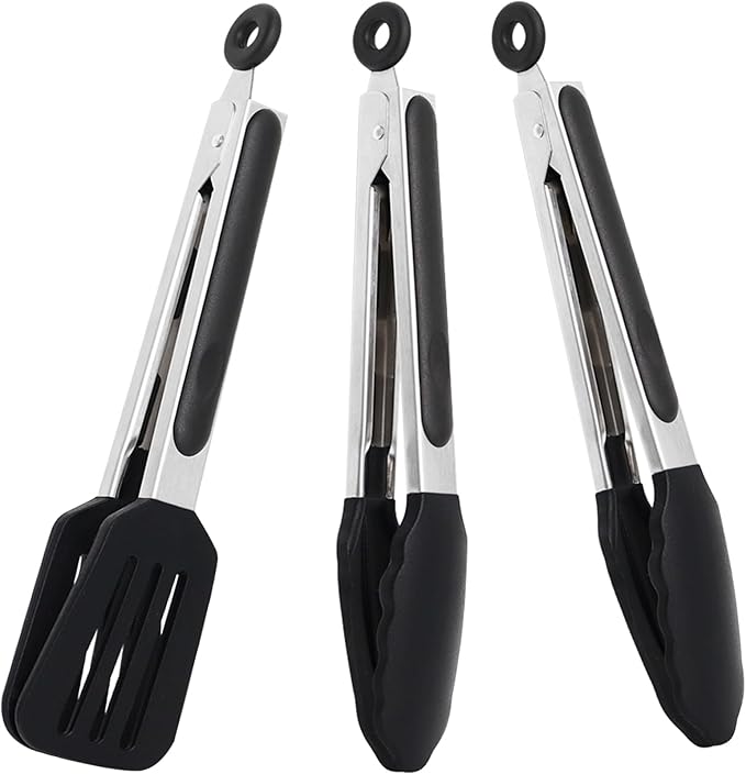 9 Inch Kitchen Tongs with Silicone Tips Set of 3(Black) | Stainless Steel Handle, Non-Scratch, Heat Resistant