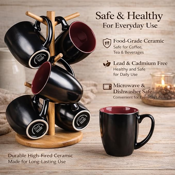 GBhome 16 oz Coffee Mugs Set of 6, Ceramic Coffee Cups- Red