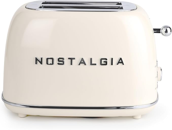 Nostalgia Classic Retro 2-Slice Toaster- Vintage Design- Enamel Coated Steel Body- Wide Slots for all Breads- Crumb Tray, Cord Storage- Defrost,Cancel and Bagel Function & 6 Toasting Levels- Cream