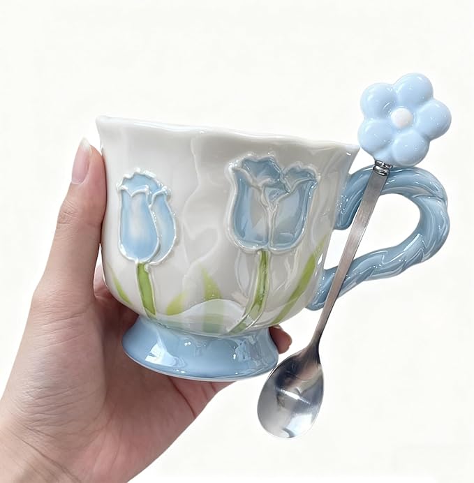 DTIUYIOP-Ceramic Coffee Mug 14oz/410ml Blue Cute Flower with Spoon | a funky coffee mug, Novelty Cute Ceramic,Lead-Free Gloss Glazed,DrinkingCup, Ideal Gift for Birthday Holiday