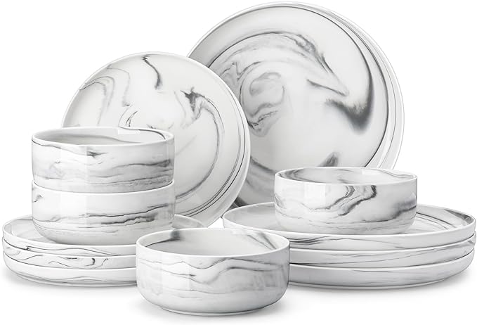 MALACASA 12 Pcs Porcelain Plates and Bowls Sets,Dinnerware Set for 4,Grey | Modern Ceramic Dishware Set,Kitchen Dining Ware,Microwave and Dishwasher Safe,Unique Marble Grey Design,Series LUNA