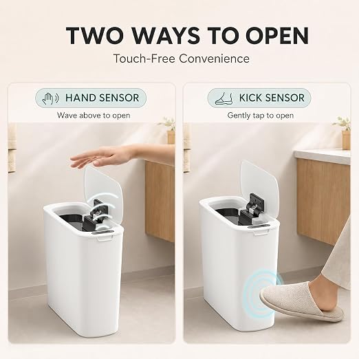 TIPGO Automatic Small Bathroom Trash Can with Lid, 2.6 Gallon, White | Motion Sensor, Plastic, Touchless, Odor Control, Smart Garbage Can, Battery Operated, Manual Button, for Bedroom, Office